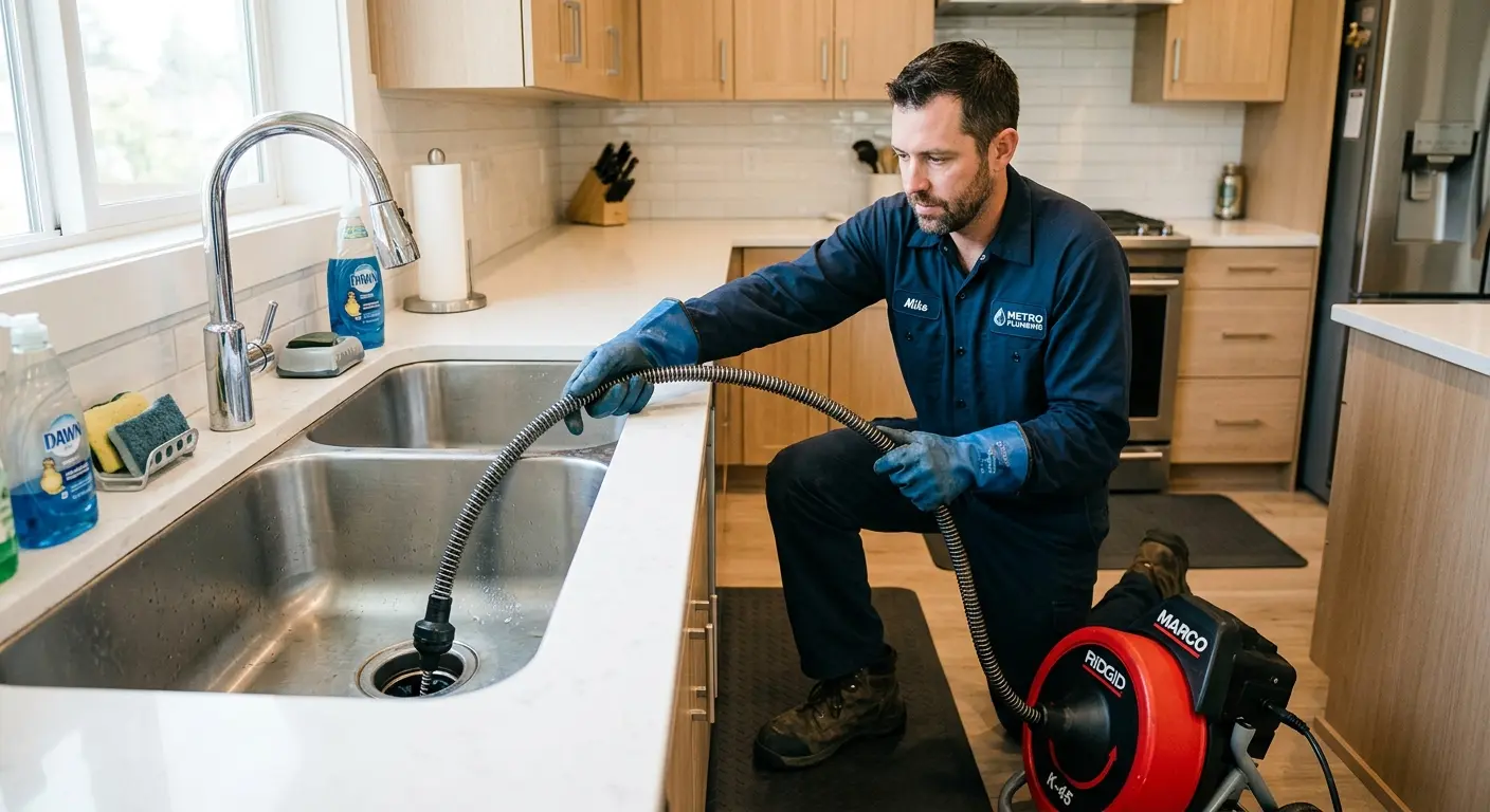 Drain cleaning technician using a motorized snake on a kitchen sink in Sulphur