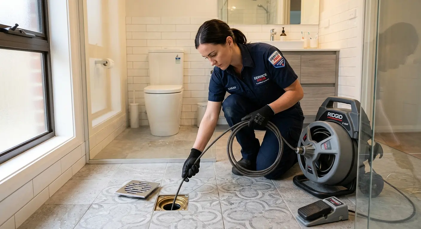 Technician clearing a bathroom floor drain for Sewer Line Replacement in Sulphur